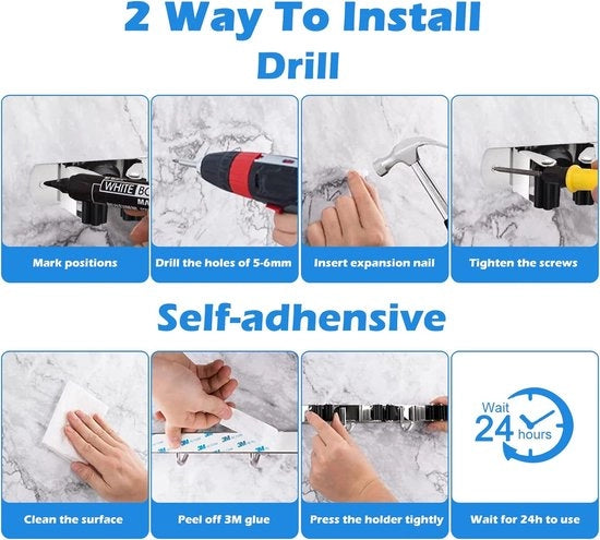 Set di 2 pezzi di supporto per scope per parete, in acciaio inossidabile, supporto per scope, per attrezzature da giardino, autoadesivo, 8 supporti e 6 ganci per armadio, balcone, bagno