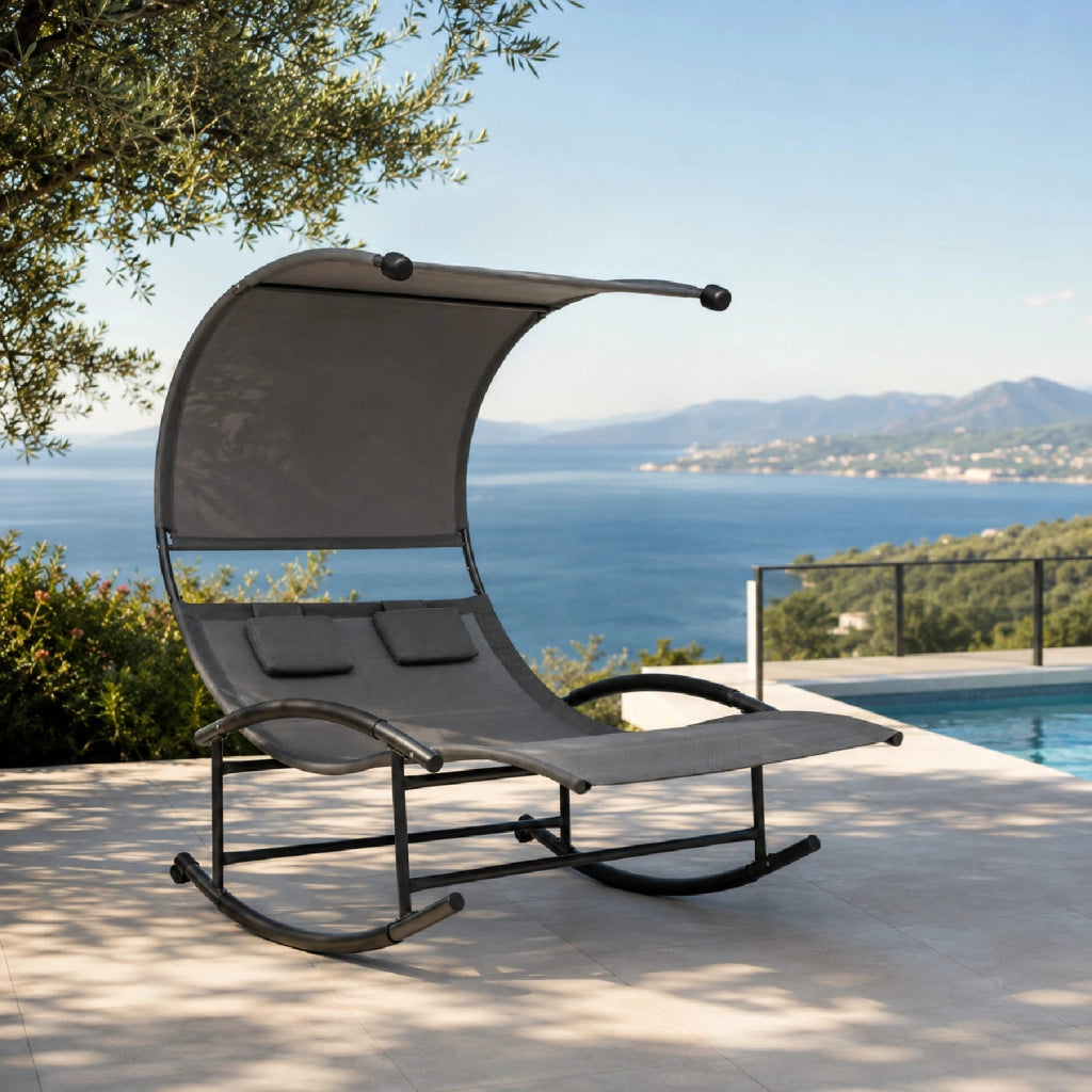 Lettino 2 Posti Dondolo Prendisole Design Ergonomico Con Parasole Integrato In Textilene Traspirante Struttura In Acciaio E Cuscini Ideale Per Giardino Piscina Outdoor 140x200x185 Cm Grigio