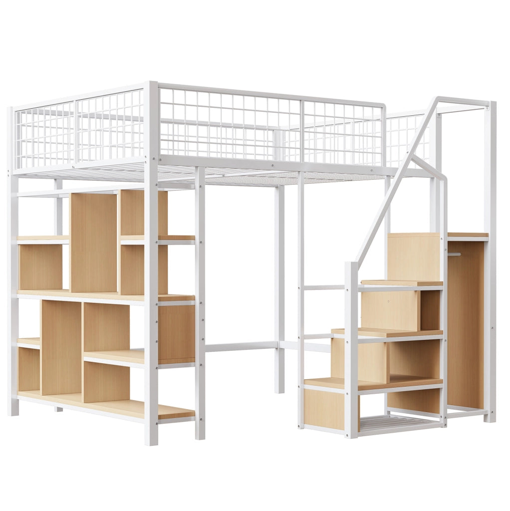 Letto a soppalco bianco 140 x 200 cm con scala contenitore