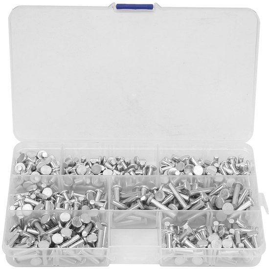 Set di Rivetti in Alluminio - 350 pezzi - Multi-formato 4/6/8/10/12/16/20mm - Testa Piana - Alluminio di Alta Qualità - Scatola di Ricarica - Viti a Rivetto
