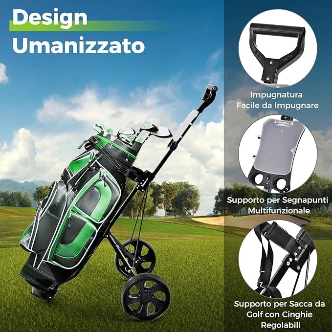 Carrello da Golf Pieghevole con 2 Ruote, Carrello da Golf in Ferro con Tabellone Segnapunti, 140 x 63,5 x 113 cm, Nero(Nero)