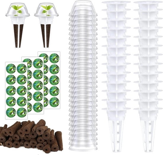 Kit di coltivazione idroponica completa con 120 pezzi, inclusi contenitori per semi, coperchi isolanti, spugne per la crescita e etichette per piante per coltivazioni idroponiche.