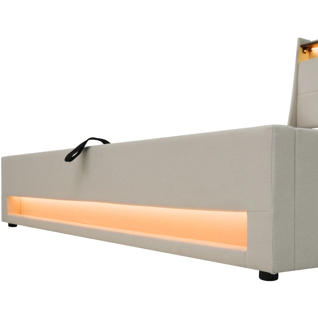 Letto singolo imbottito 90x200 cm beige con materasso, luci LED, presa USB e contenitore