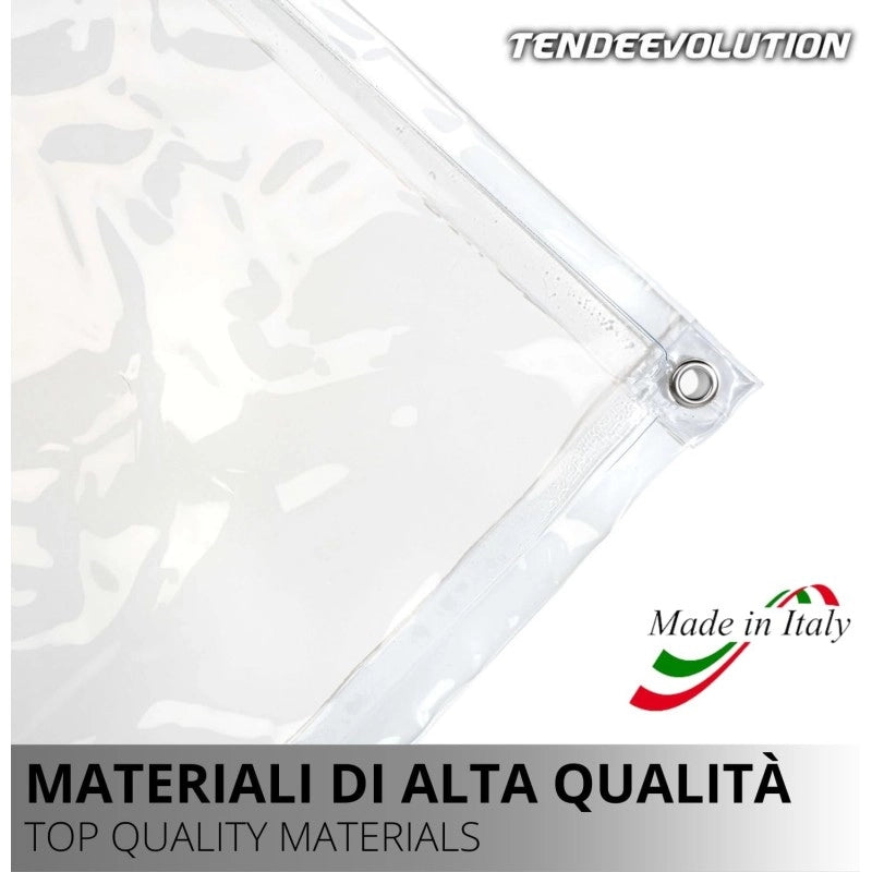Telo PVC Cristal 1,8x5m, Spessore 0,65MM, 750g/m² - Trasparente IGNIFUGO con Occhielli 50cm - Resistente UV & Impermeabile - Made in Italy