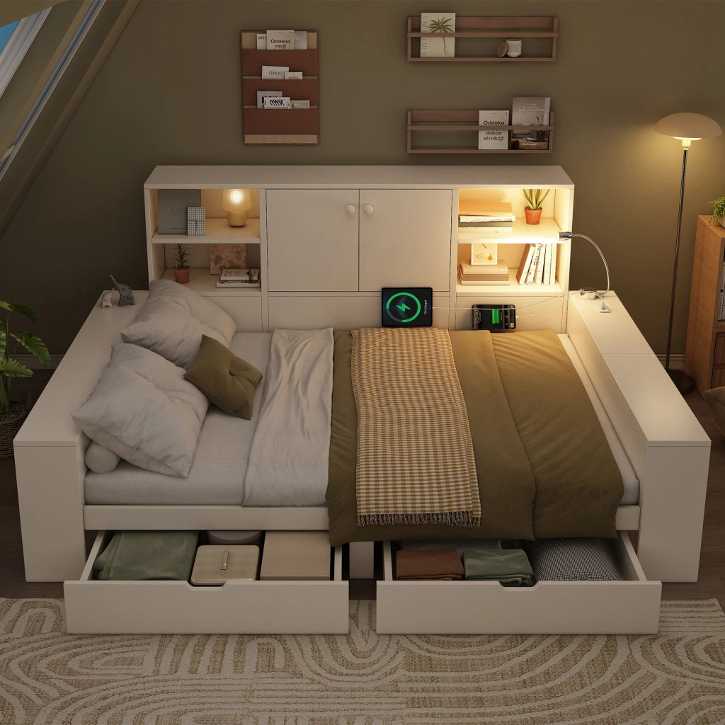 Letto matrimoniale 140x200 cm bianco con cassetti; USB e vano contenitore