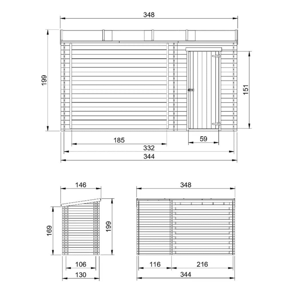 Casetta da Giardino in Legno per Esterni con legnaia- A199x348x146 cm - 2,54 m2+1,1 m2 - TIMBELA M205