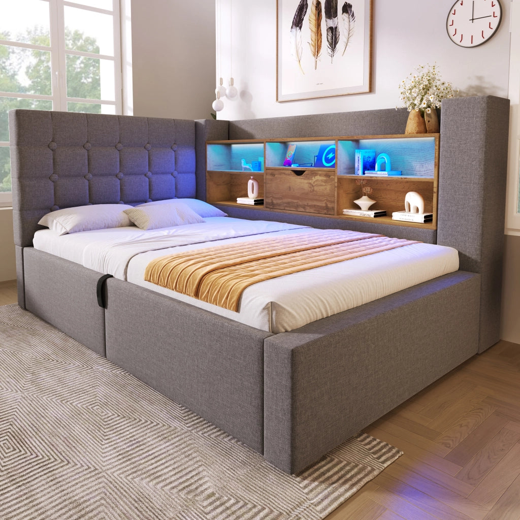 Letto contenitore imbottito 90x200 cm con testiera a L reversibile e vani; LED; rete a doghe; lino grigio