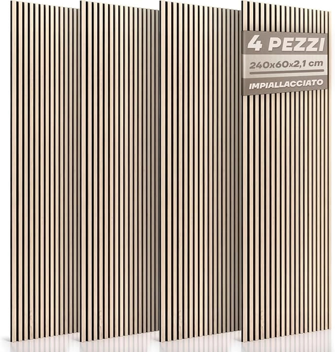 RMF PRO Set 4 Pannelli Decorativi Fonoassorbenti in Legno Rovere Chiaro 240x60 cm (5,76 m²) – Rivestimento Acustico Parete a Listelli MDF per Soggiorno, Ufficio e Camera