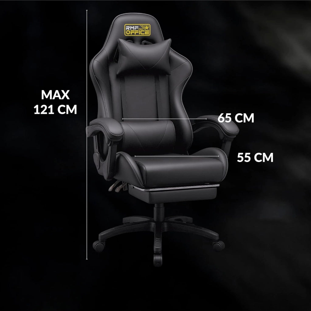 RMF Sedia Gaming Professionale Ergonomica Reclinabile, Poltrona Gaming Seduta Comoda e Rilassante con Poggiapiedi - Sedia per Gamer con Ruote Girevoli, Altezza Regolabile (Nera)