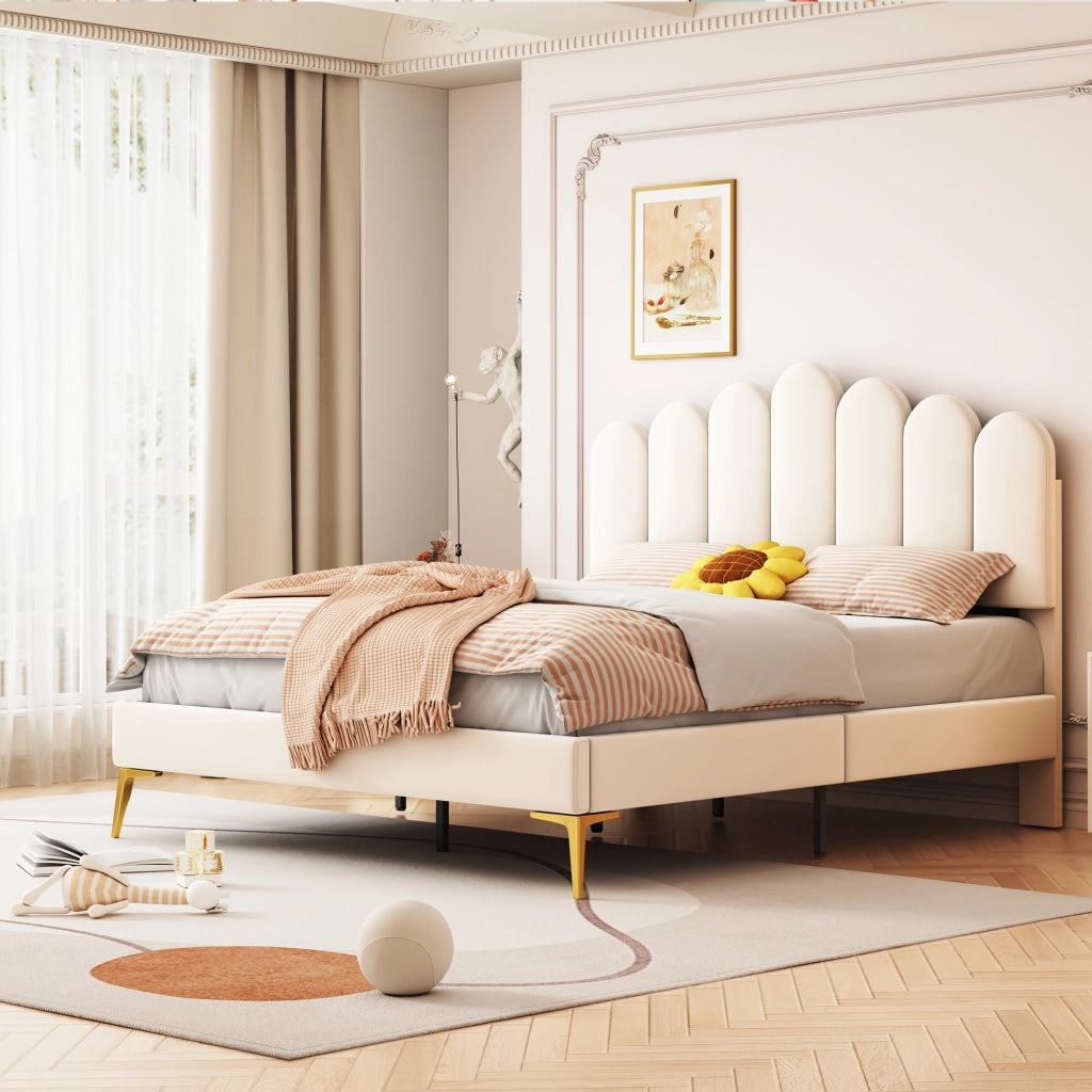 OKWISH Letto Matrimoniale 140×200 cm con Testiera Regolabile e 12 Doghe, senza Materasso, in Velluto Imbottito, Beige