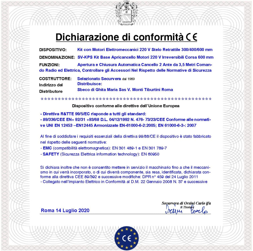 Apricancello da 7 Metri 2 Ante da 3,5 Metri 2 Motori Elettromeccanici 230 V Stelo Retrattile Autobloccante Corsa 600 mm Spinta 250 Kg Centrale di Comando Incorpora Radio Fotocellule 2 Radiocomandi