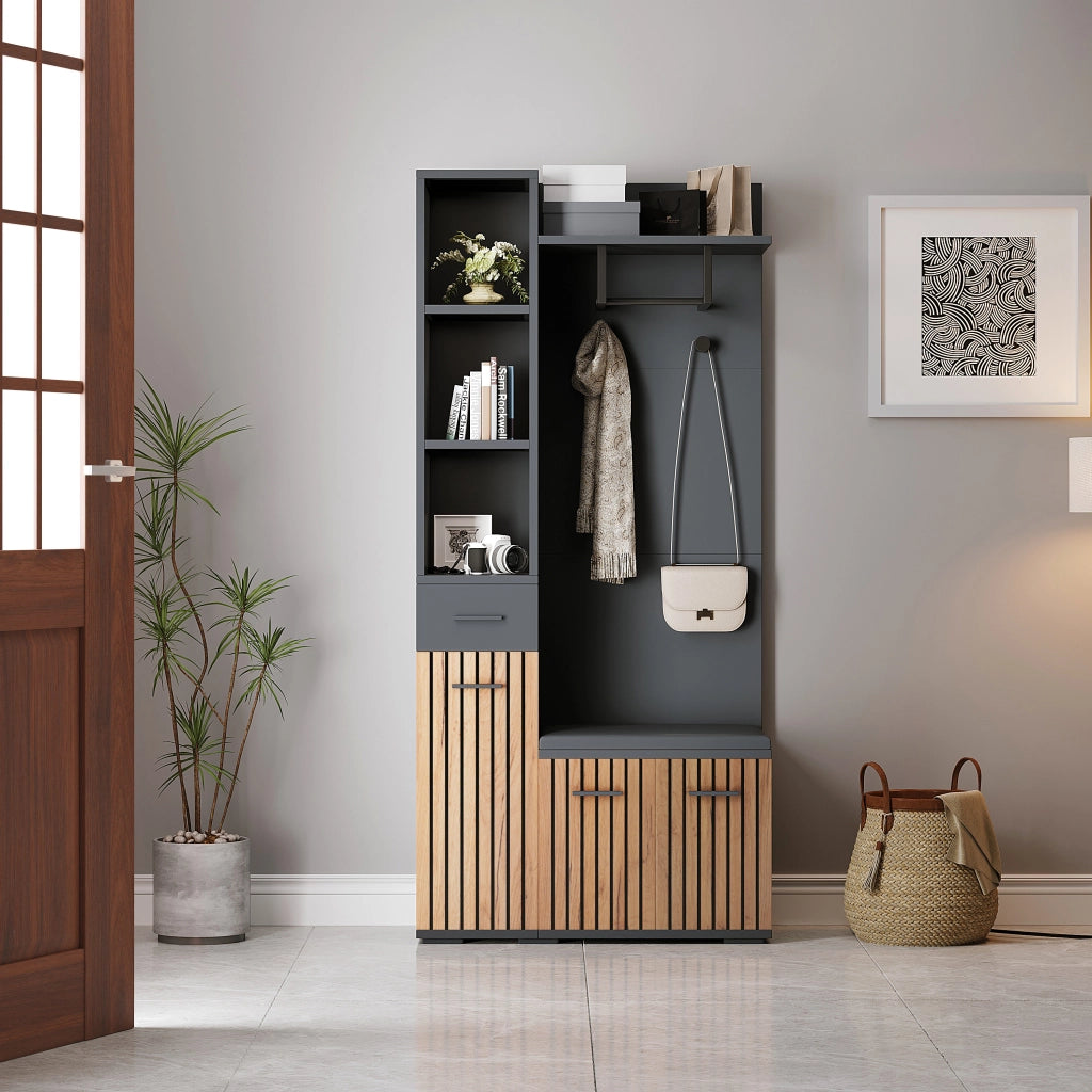 Mobile guardaroba multifunzione 80 x 35 x 175 cm con panca; 2 armadi e finitura nera e legno naturale
