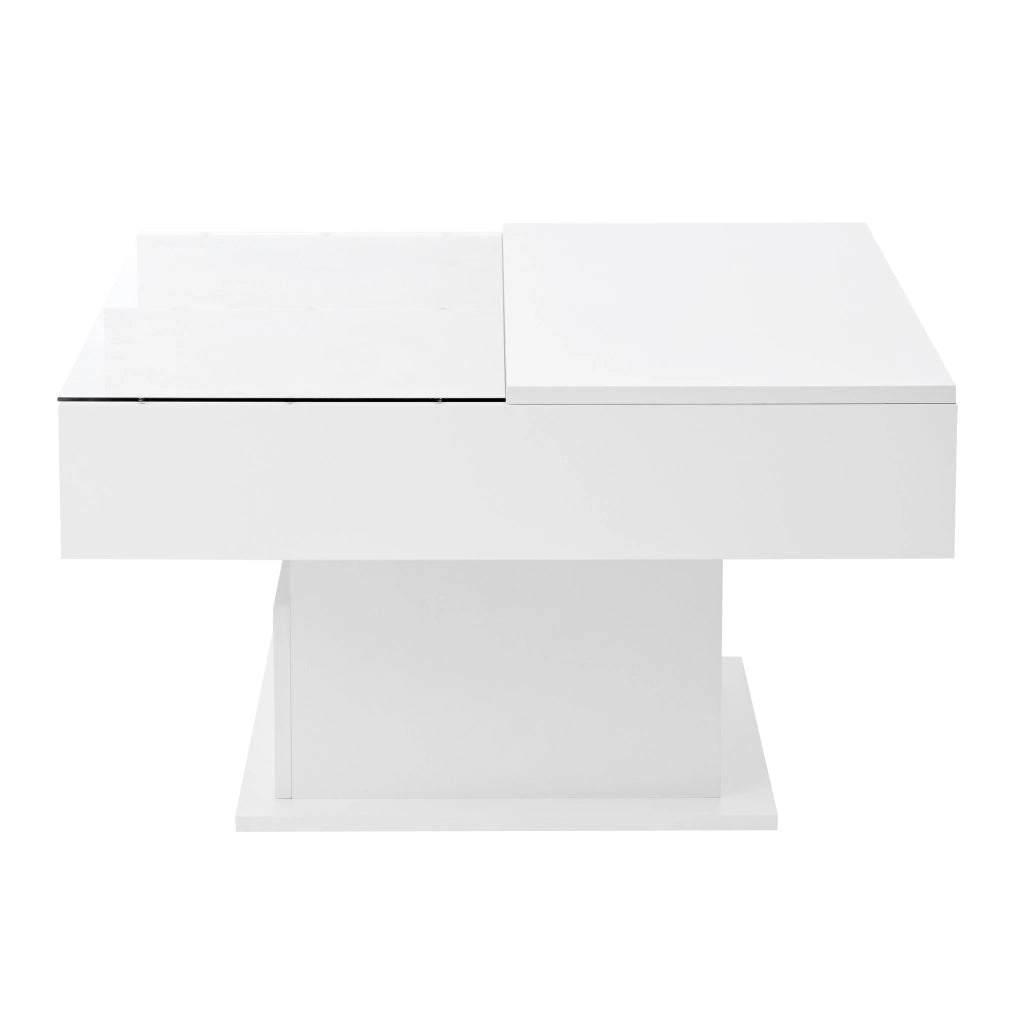 Tavolino da salotto elevabile con LED Bluetooth; vano e cassetto; 78x78 cm bianco