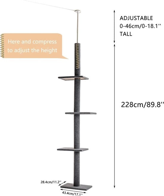 Albero per gatti multi livello con 4 piani, torre per gatti attivi con 4 piani, paletto per gatti con 4 livelli, altezza 120 cm, larghezza 60 cm, base 40x40 cm, materiale legno.