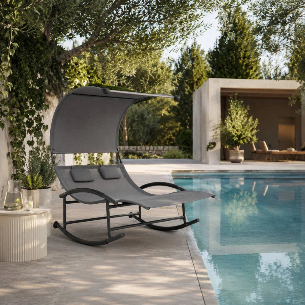 Lettino 2 Posti Dondolo Prendisole Design Ergonomico Con Parasole Integrato In Textilene Traspirante Struttura In Acciaio E Cuscini Ideale Per Giardino Piscina Outdoor 140x200x185 Cm Grigio