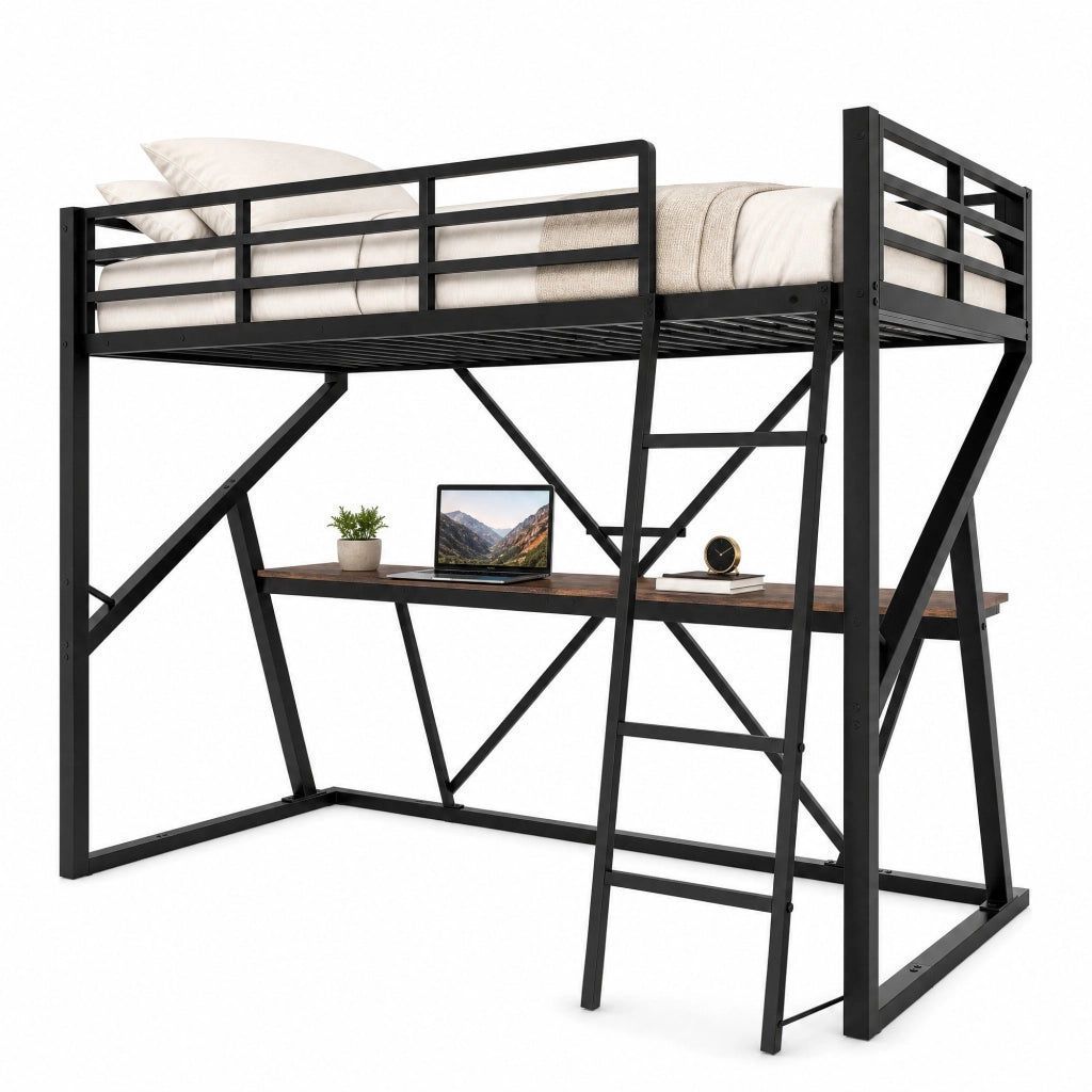 Letto a soppalco 90x200 cm con LED, scrivania e scala