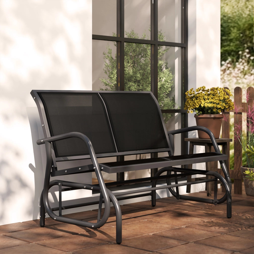 Panchina Dondolo 2 Posti da Giardino ¨C Xylo ¨C Metallo Nero Tessuto a Rete 120x70x85cm