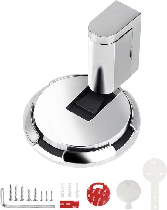 Stoppera automatica per pavimento - Argentato - Diametro 61 mm - Altezza Regolabile - Adesivo Self-Leveling - Lamiera in acciaio - Colla e viti - Protezione per parete e porta