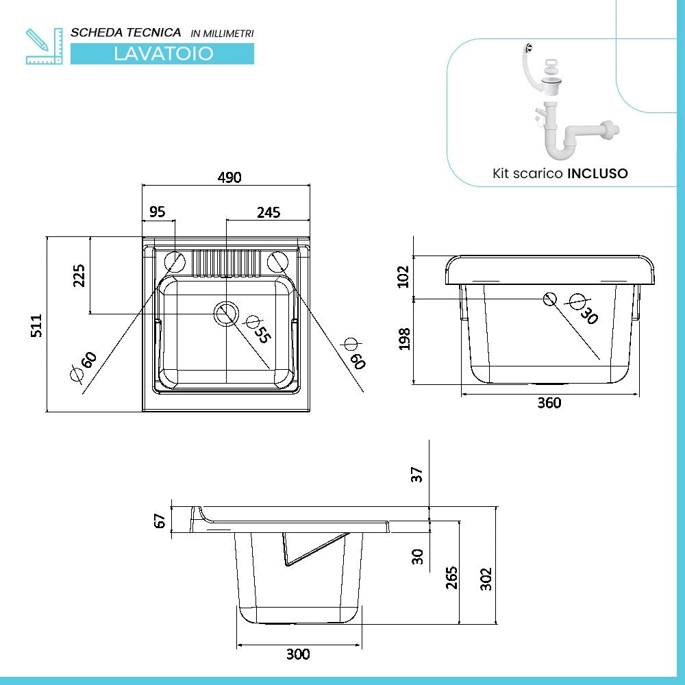 Mobile lavatoio 50x50 cm vasca in resina con asse e kit di scarico