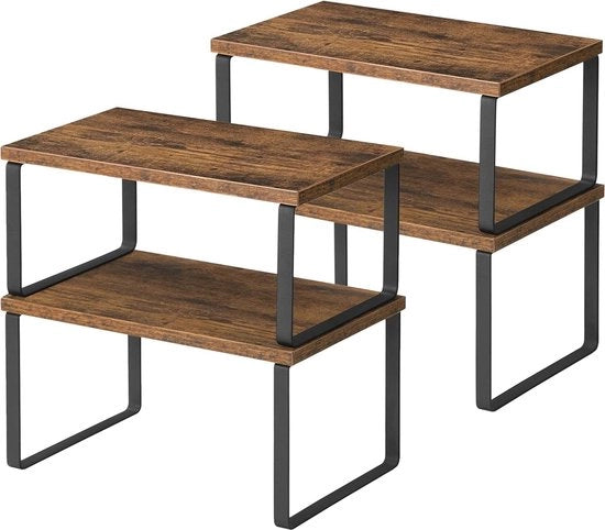 Set di 4 ripiani da cucina - ripiani da cucina espandibili - ripiani da cucina stivellabili - metallo e compensato - supporto per cassetti da cucina - stile vintage marrone-nero.