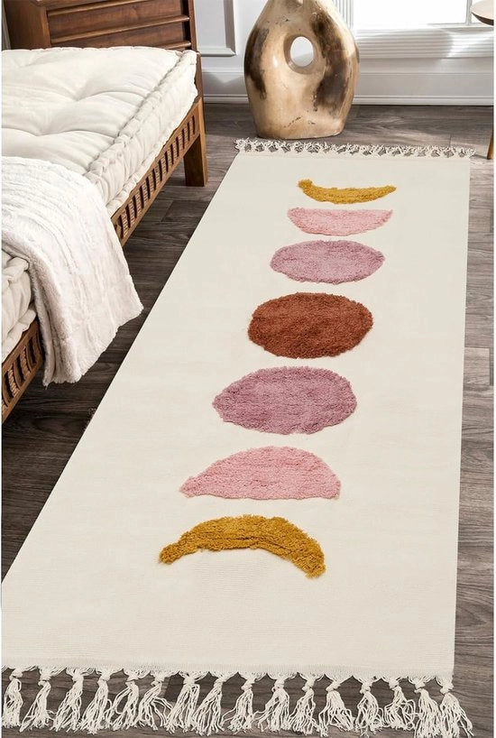 Tapijt bohemien 60 x 150 cm, tappeto lavabile, tappeto beige di cotone lunare con uncini, pavimento basso per camera da letto, soggiorno, ingresso
