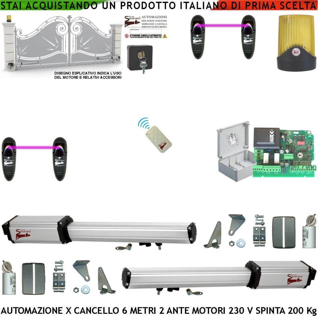 Automatismo Cancello 6 Metri 2 Ante Kit Base Motori Elettromeccanici 230 V Corsa 500 mm Spinta 2 Q.tali Centrale Con Radio 2 Coppie di Fotocellule Radiocomando Faro 2 Chiavi Sblocco Cartello Monitore