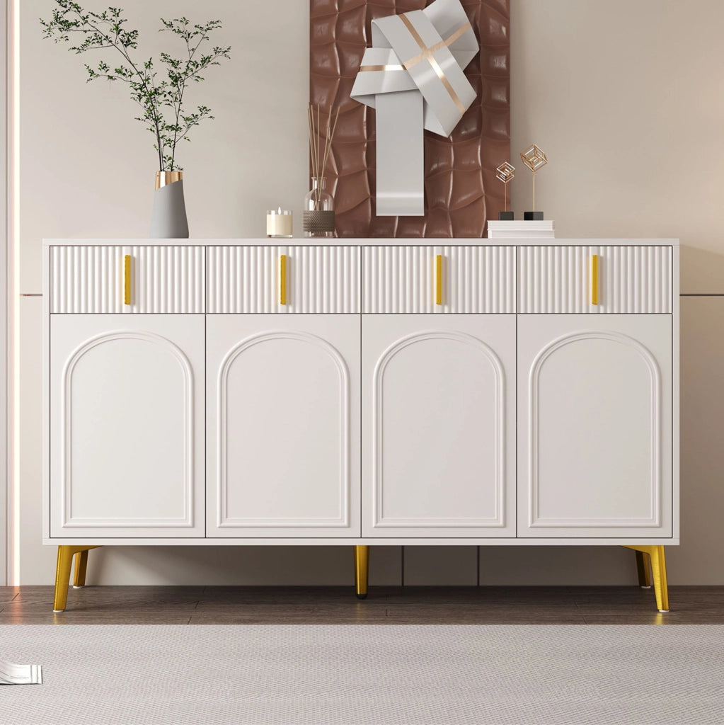 Sideboard 140 cm con 4 cassetti; 4 ante; ripiani regolabili; MDF bianco con dettagli oro