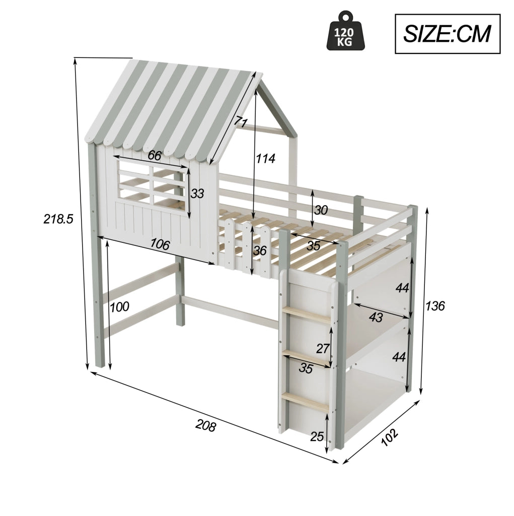 Letto per bambini a casetta verde 90 x 200 cm con scala e rete