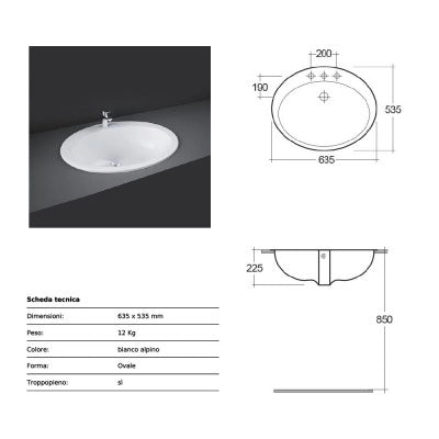 Lavabo da incasso soprapiano 63,5x53,5 cm Rak modello Cherry