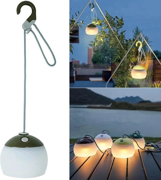 Lampada da campeggio LED, resistente, ricaricabile via USB-C, adatta per escursioni, emergenze e decorazione, ecocompatibile.