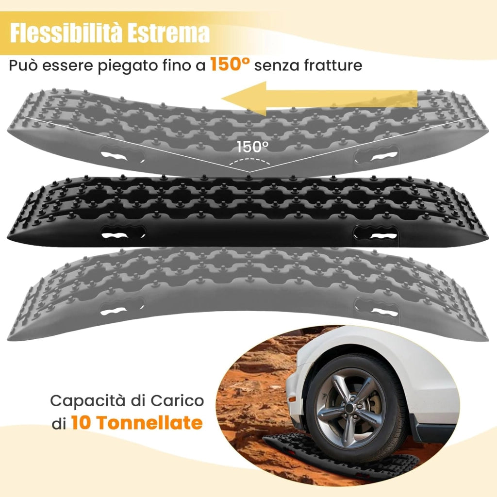 Tappetino di Trazione 2 Pezzi, Carico 10T, Piastre di Trazione per SUV Camper Auto Camion, Tavola di Recupero per Piste Offroad, per Sabbia, Neve, Fango (Nero, 107 x 31 x 7 cm)