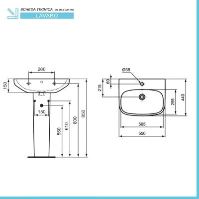 Lavabo Ideal Standard 55 cm con colonna in ceramica lucida  I.Life A