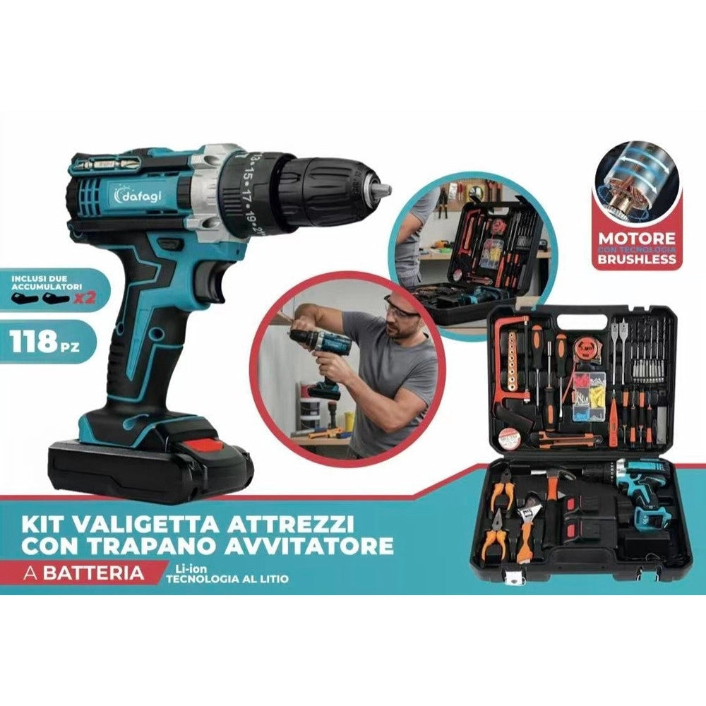 Trade Shop - Kit 118pz Valigetta Attrezzi Con Trapano Avvitatore A 2 Batteria 48v Motore Brushless -