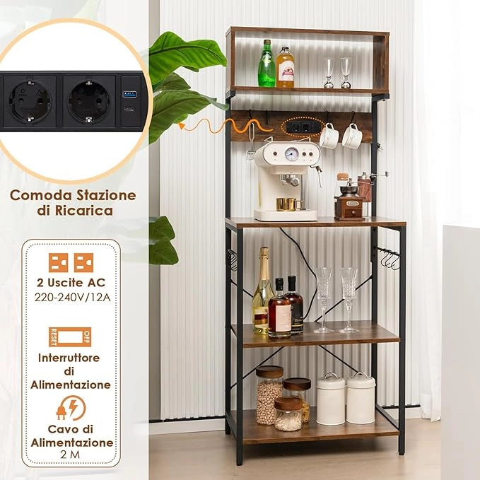 Mensola da Cucina, Supporto per Microonde con Presa Elettrica Ripiani Aperti e 10 Ganci Appendiabiti, Scaffale Multifunzionale per Cucina Soggiorno Bar, 60x42x153 cm