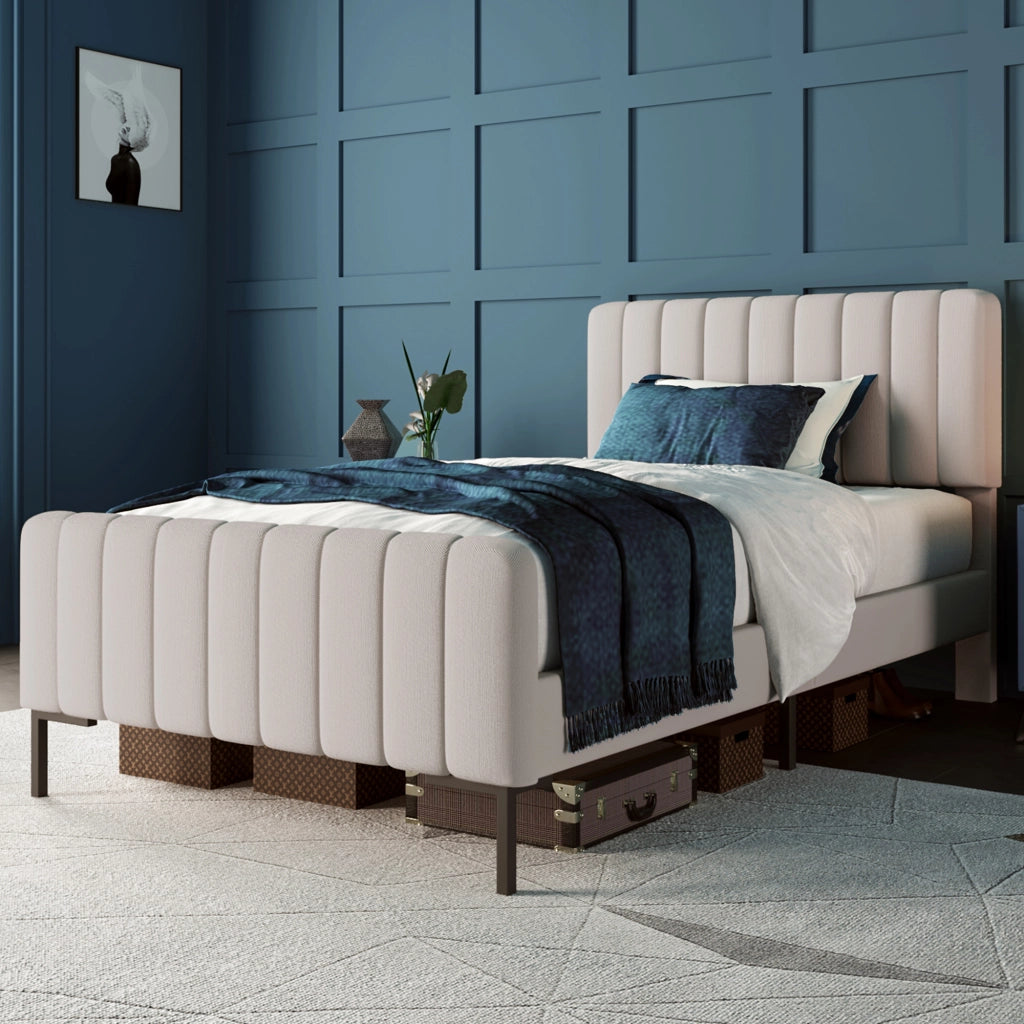 Letto singolo imbottito 90x200 cm con testiera regolabile; struttura in lino grigio-beige