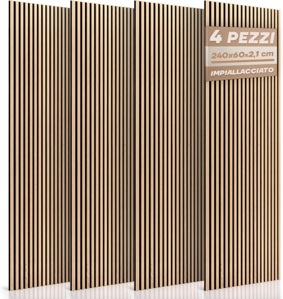 RMF PRO Set 4 Pannelli Decorativi Parete Legno Fonoassorbenti Rovere Bianco 240x60 cm (5,76 m²) – Rivestimento Acustico a Listelli MDF per Casa, Studio e Ufficio