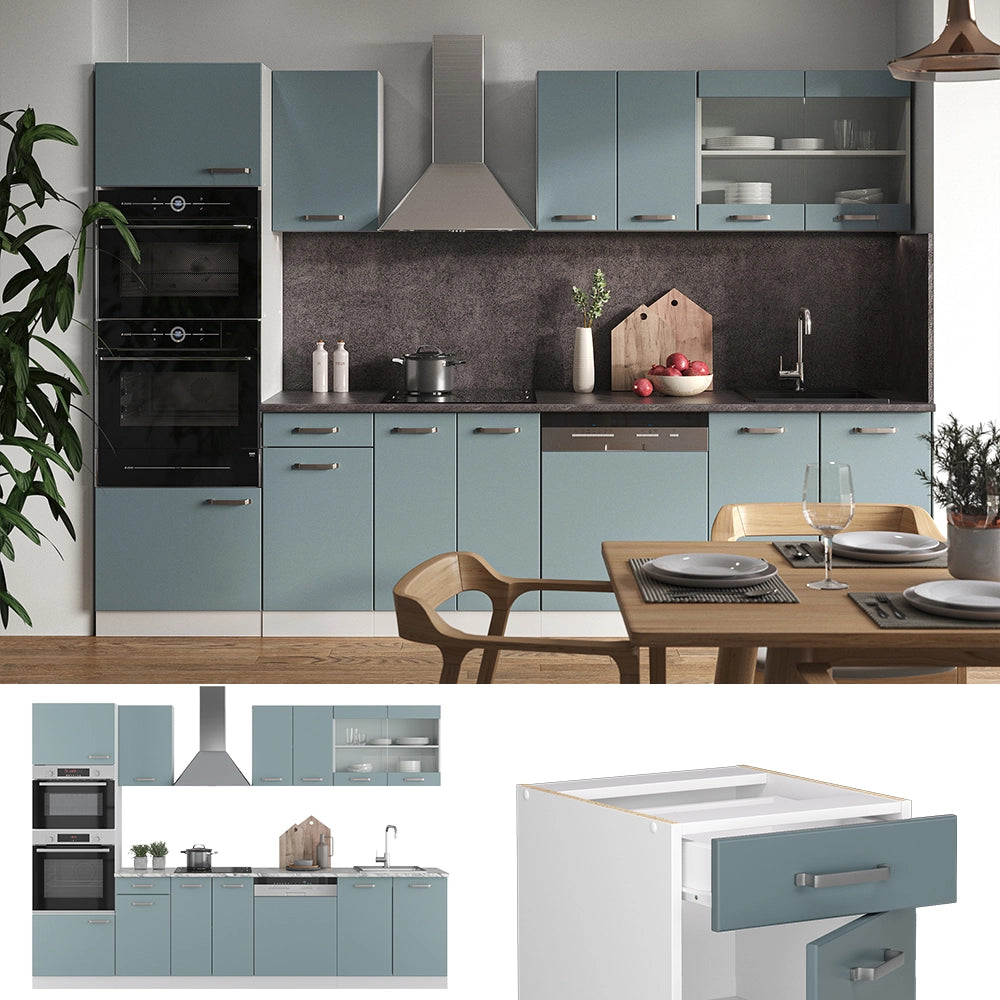 Vicco Cucina componibile Grigio-blu 300 cm con armadio alto, PL Marmo