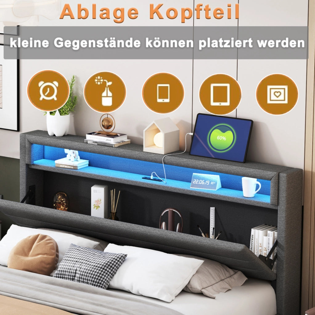 Letto imbottito grigio 140 x 200 cm con USB e luci LED