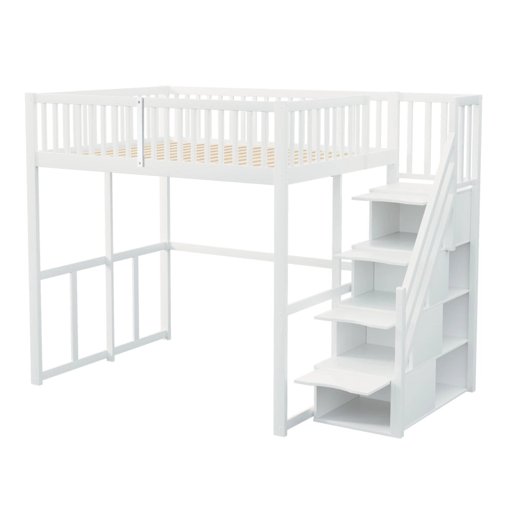 Letto a soppalco 140 x 200 cm bianco con scala contenitore
