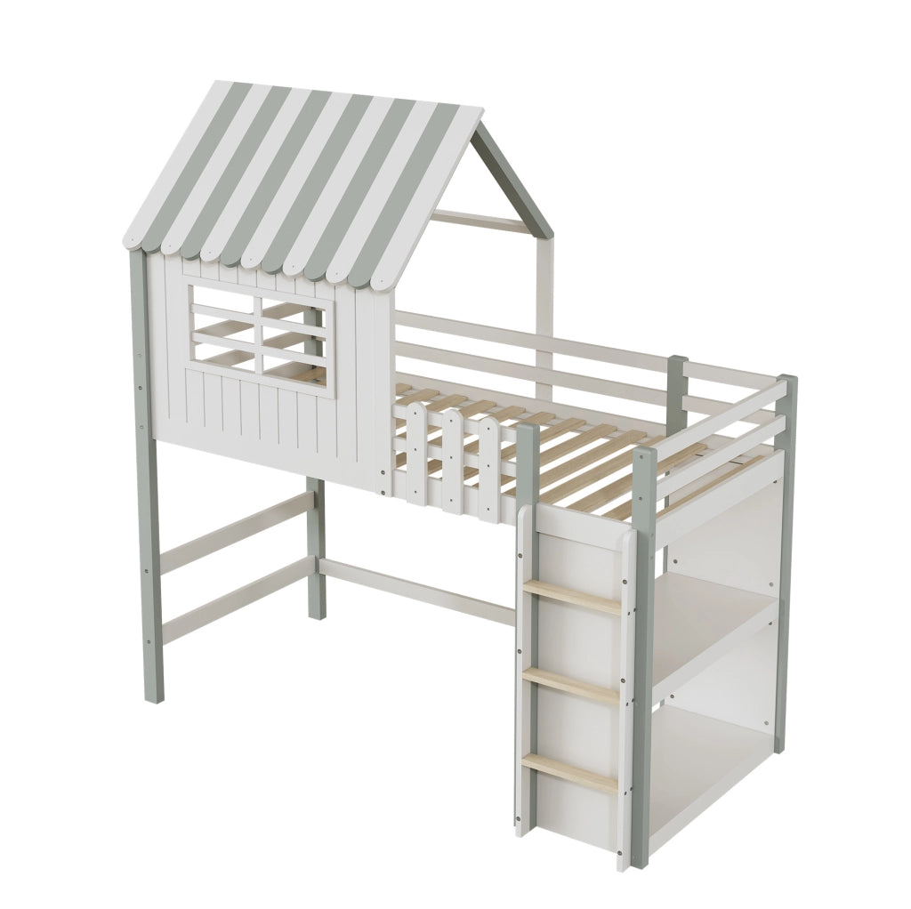 Letto per bambini a casetta verde 90 x 200 cm con scala e rete