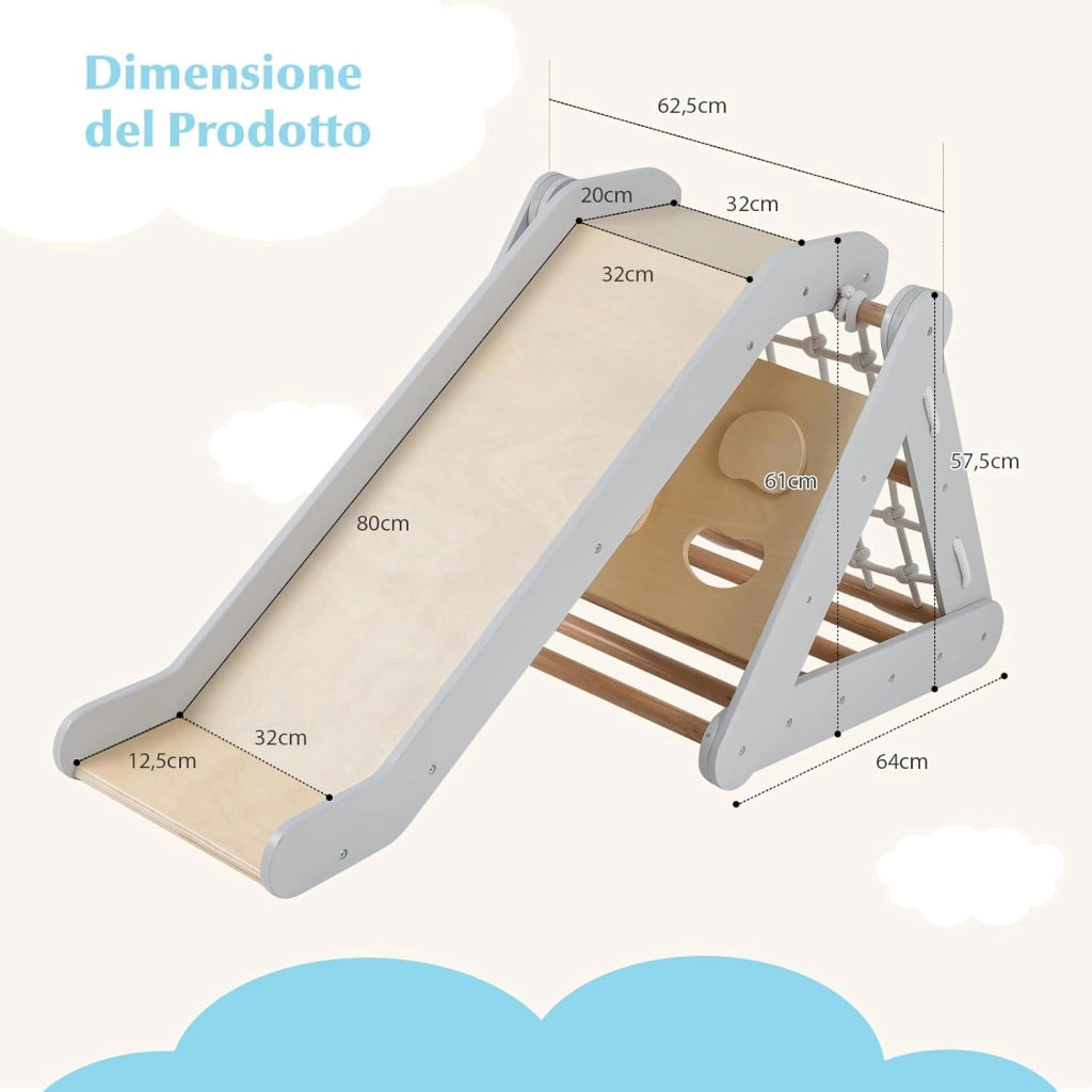 Set 4 in1 Arrampicata per Bambini, Arrampicata a Triangolo con Scivolo, Set di Arrampicata in Legno per Interni e Esterni con Rete di Arrampicata, Carico 50kg, 1 Anni+ (Grigio)