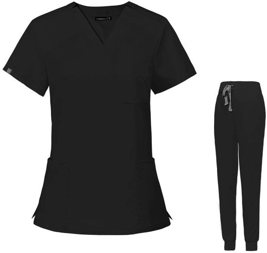 Vestito da yoga con collo V, manica corta, 3 tasche, fit sottile, impermeabile, leggero, tessuto polyester/elastan