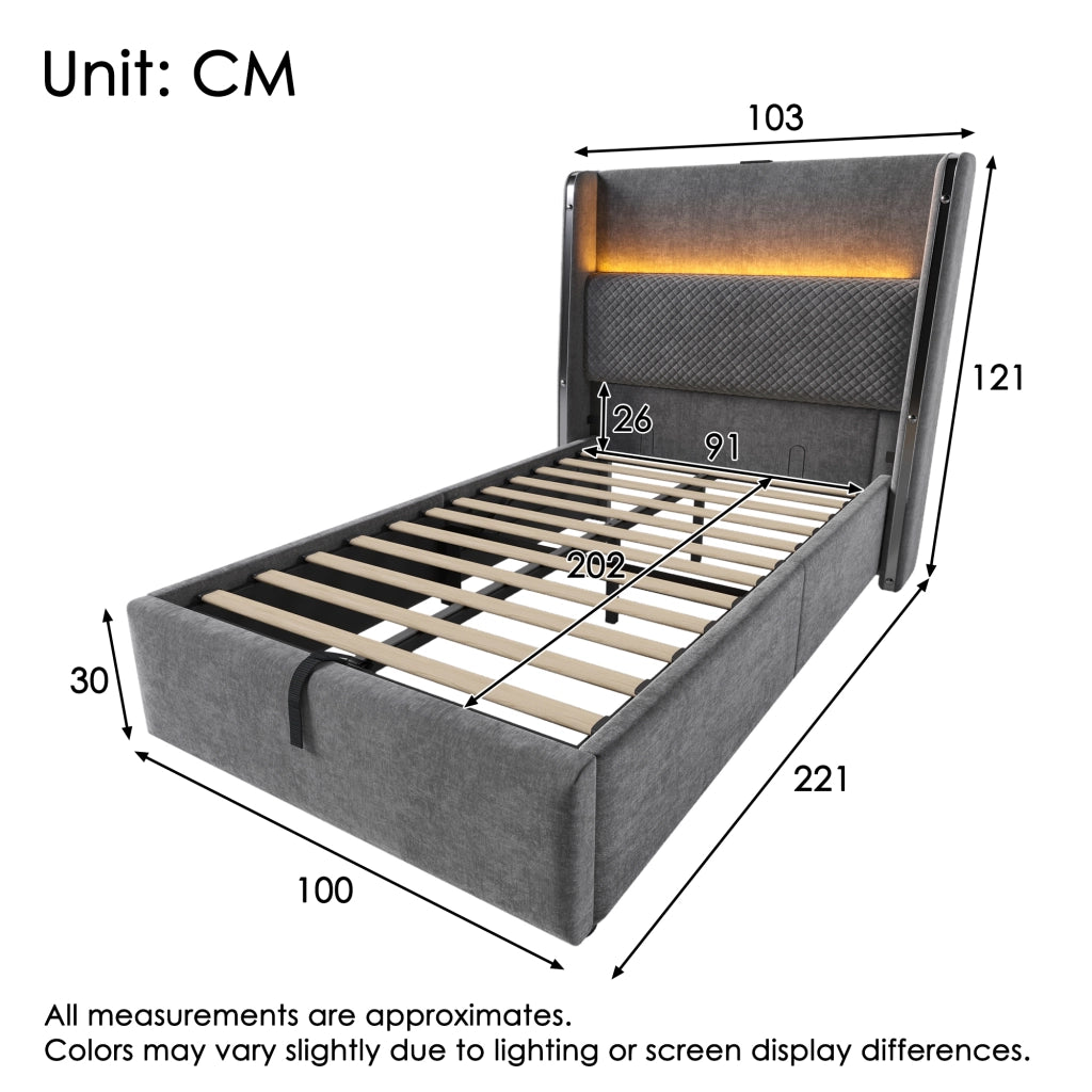 Letto singolo idraulico 90x200 cm grigio con LED; USB; Type-C e materasso H3