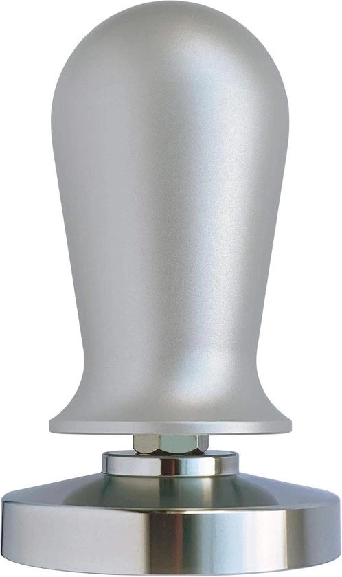 Tamponatore per barista - calibrato su 15 kg di pressione - maniglia in alluminio o legno pregiato - base in acciaio inox - 58 mm di diametro in argento