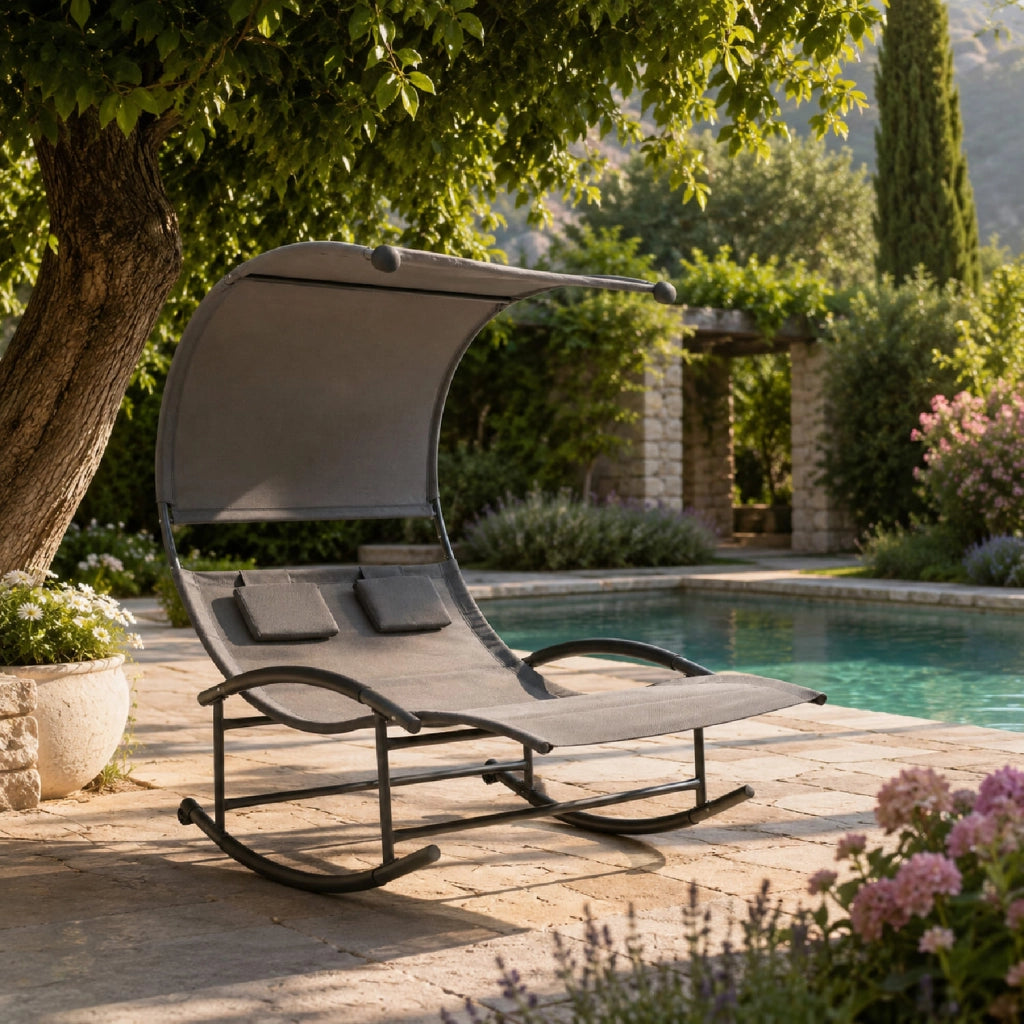 Lettino 2 Posti Dondolo Prendisole Design Ergonomico Con Parasole Integrato In Textilene Traspirante Struttura In Acciaio E Cuscini Ideale Per Giardino Piscina Outdoor 140x200x185 Cm Grigio
