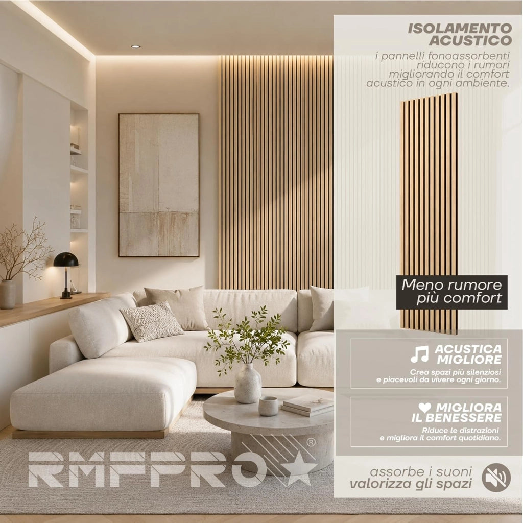 RMF PRO Set 4 Pannelli Decorativi Parete Legno Fonoassorbenti Rovere Bianco 240x60 cm (5,76 m²) – Rivestimento Acustico a Listelli MDF per Casa, Studio e Ufficio