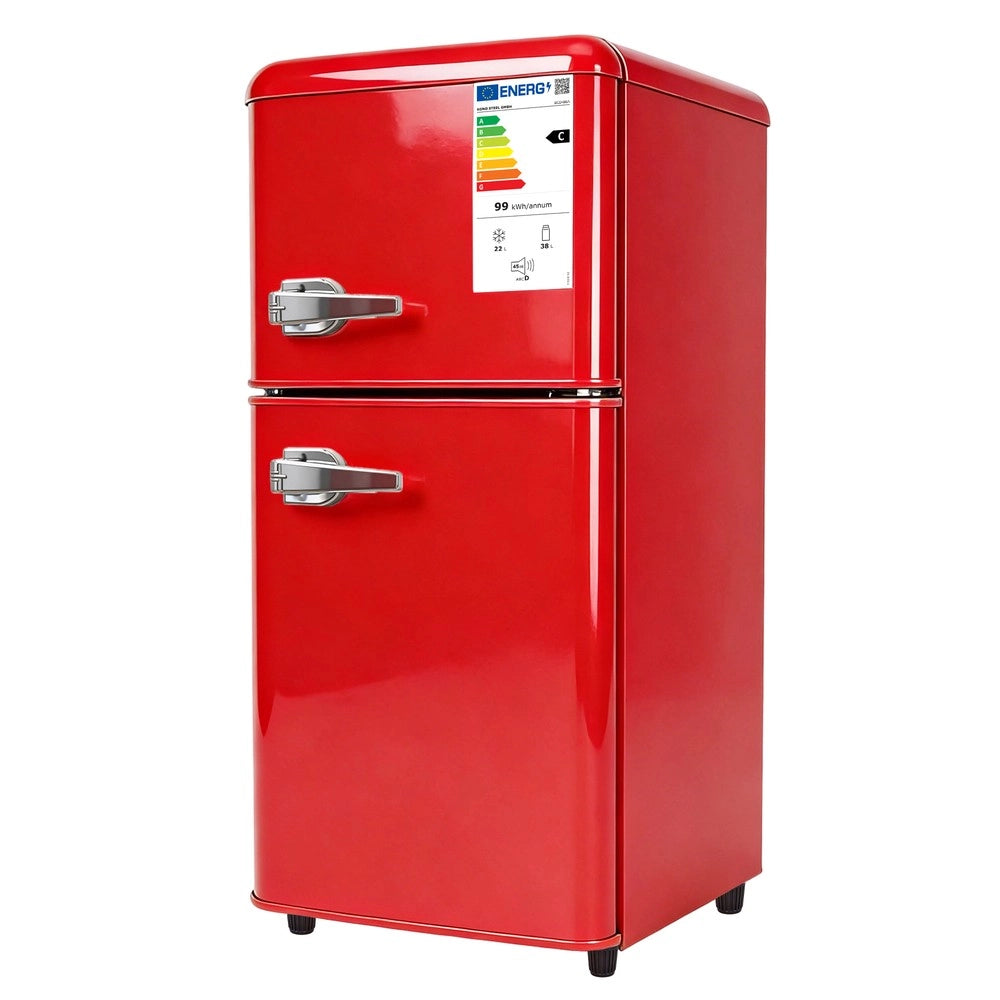 Combinazione frigorifero-congelatore retr¨° ¨C Minimal ¨C 2 porte, capacit¨¤ totale 60 L, vano congelatore 22 L, classe energetica C, rosso