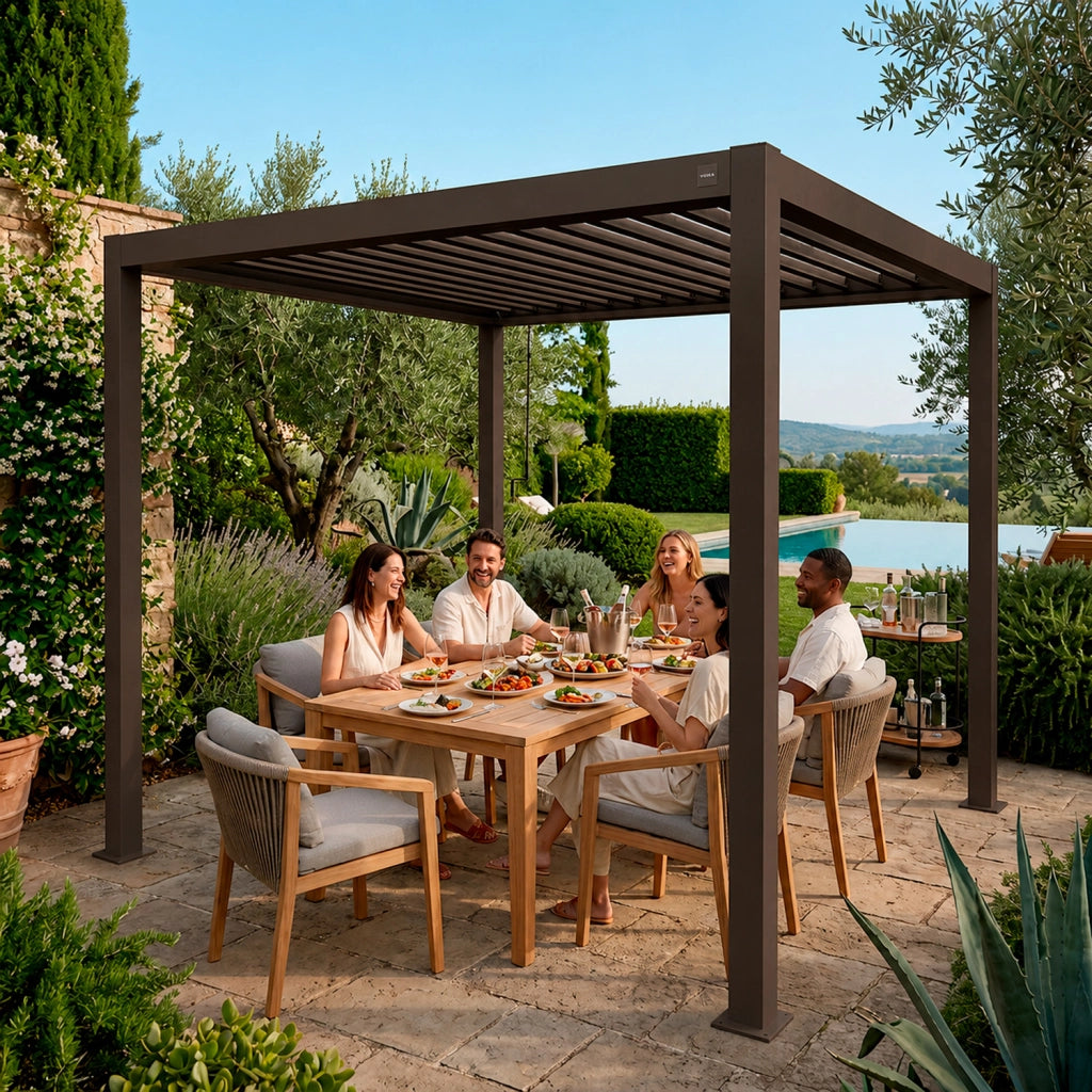 Pergola Bioclimatica 3x4 Metri Gazebo Con Tetto A Lamelle Orientabili Sistema Di Scarico Acqua Struttura In Alluminio E Acciaio Resistente Ai Raggi UV Per Giardino Terrazza E Piscina Marrone Opaco