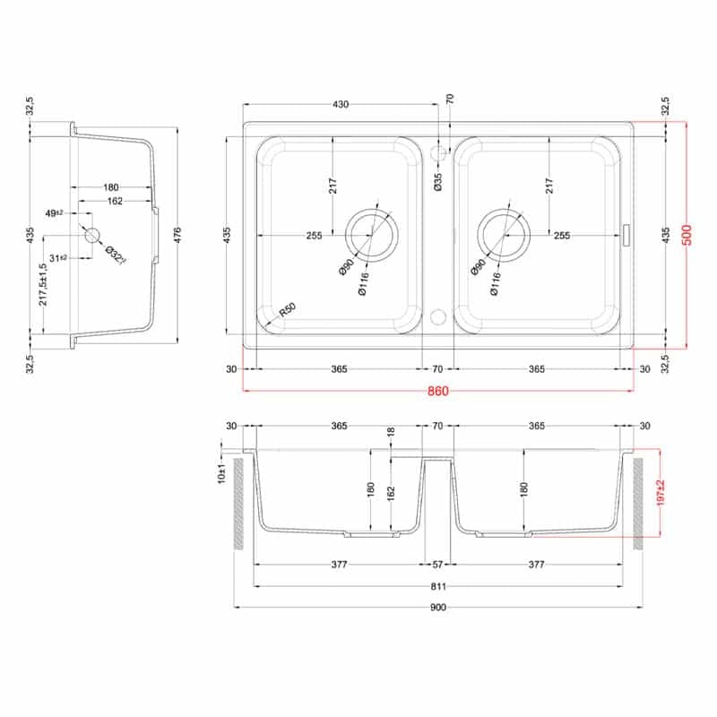 Lavello Elleci Incasso 2 vasche 86x50 Life 450 Granitek Antracite LG245059