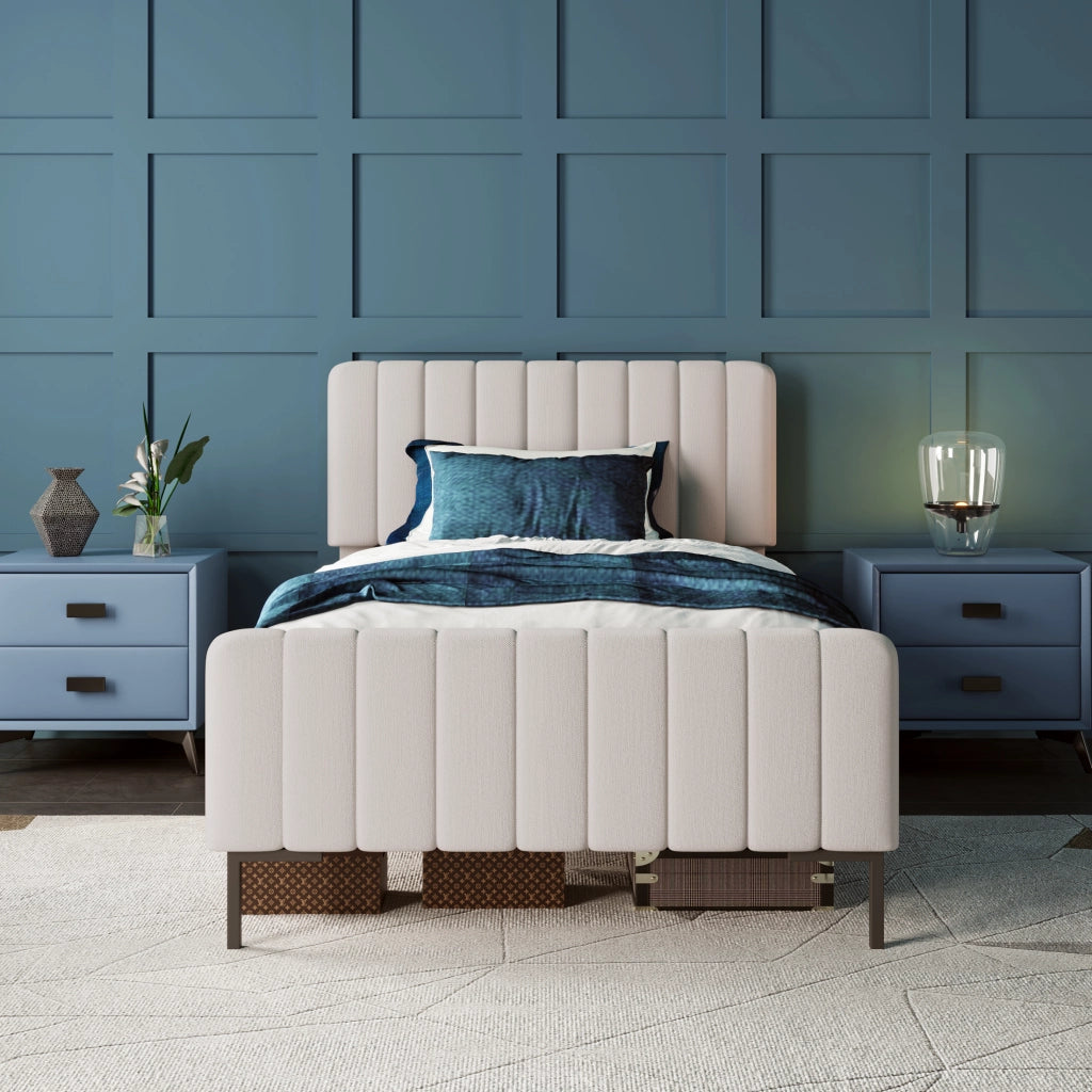 Letto singolo imbottito 90x200 cm con testiera regolabile; struttura in lino grigio-beige